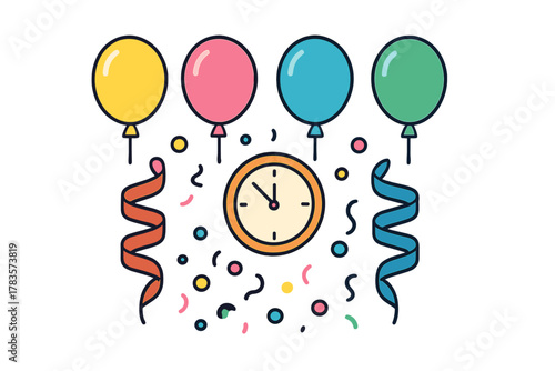 Vibrant party balloons and colorful streamers surrounding a central countdown clock face