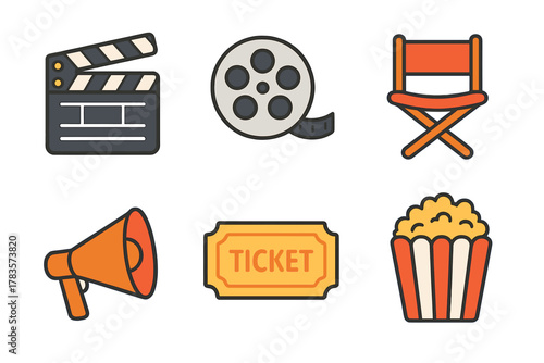 Flat design icons set for cinema and movie production, featuring clapperboard, film reel, director chair, and popcorn