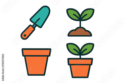 Essential gardening tools and planting items: trowel, flower pot, and seedlings