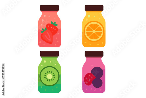 Four colorful fruit smoothie bottles with strawberry, orange, kiwi, and mixed berry flavors
