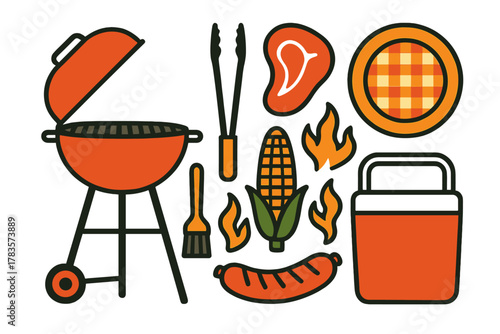 Essential items for summer barbecue: grill, raw steak, corn, sausage, and cooler