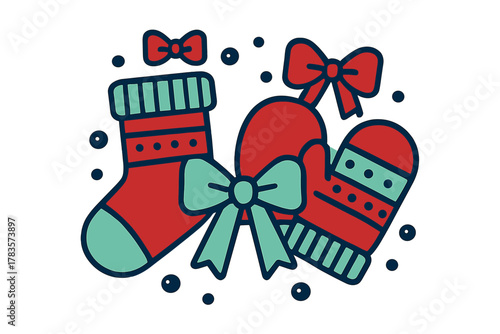 Festive red and teal Christmas stocking and mittens decorated with bows and dots