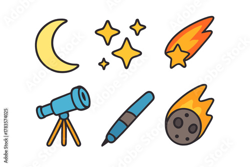 Colorful set of astronomy symbols featuring moon, stars, telescope, and comets