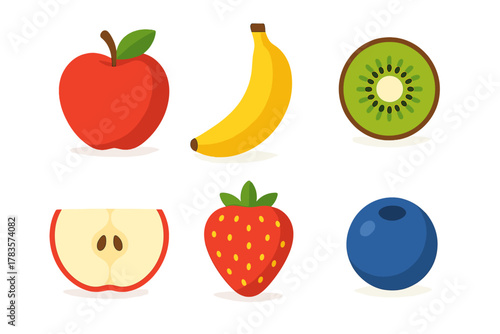 Collection of fresh organic fruits including banana kiwi strawberry and blueberry