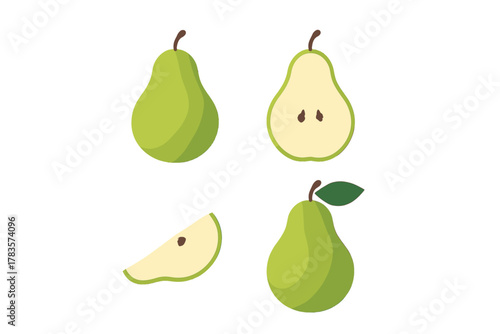 Fresh green pears shown whole, halved, and sliced for healthy eating concepts