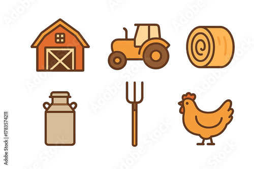 Essential farming and agriculture elements: barn, tractor, hay bale, milk can, pitchfork, and chicken