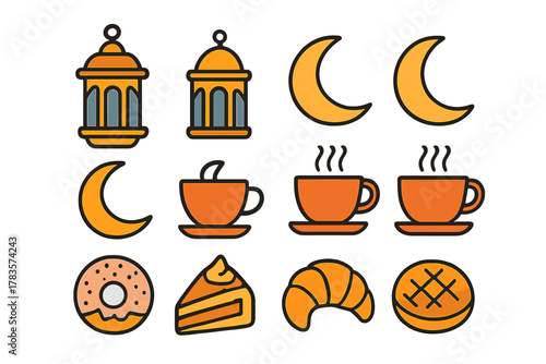 Traditional Ramadan and Iftar elements including lanterns, crescent moons, hot drinks, and sweet pastries