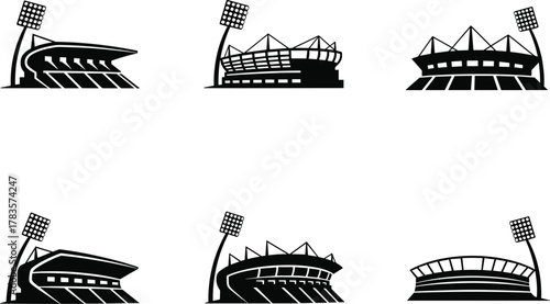 Stylized stadium vector illustrations, black and white sports architecture, floodlight details, seating structure, roof design, silhouette artwork, modern arena concept, event venue icons