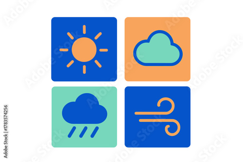 Four colorful weather forecast symbols representing sunny, cloudy, rainy, and windy conditions