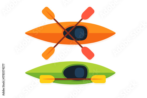 Pair of colorful recreational kayaks with paddles for summer water sports and outdoor adventure