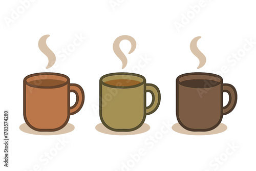 Three steaming mugs of hot coffee or tea lined up in a row on a white background