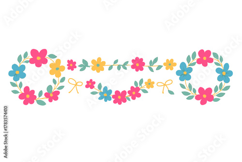 Brightly colored spring flower wreaths, curved garlands, and straight borders with decorative bows