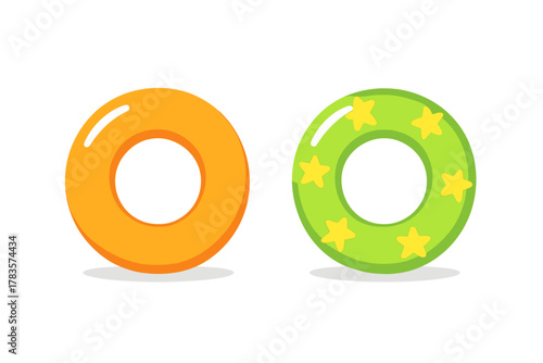 Bright orange and green inflatable swim rings floating on water for summer pool safety