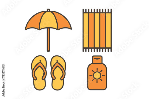 Beach vacation essentials set with umbrella towel flip flops and sunscreen bottle