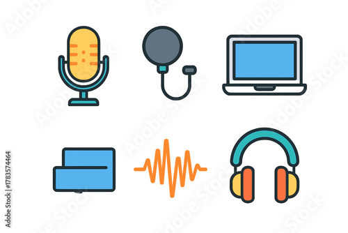 Modern flat design icons set featuring microphone, headphones, laptop, and sound wave for podcasting