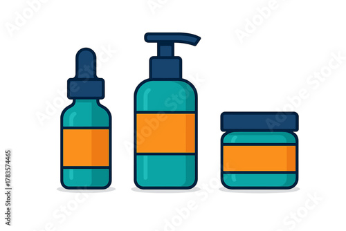 Three cosmetic product containers set dropper bottle pump dispenser and cream jar with blank labels