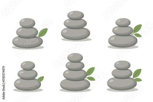 Seamless pattern of balanced gray spa stones and green leaves for zen design