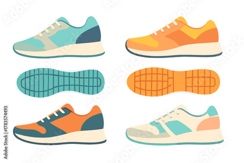 Colorful collection of athletic running shoes and soles isolated on white