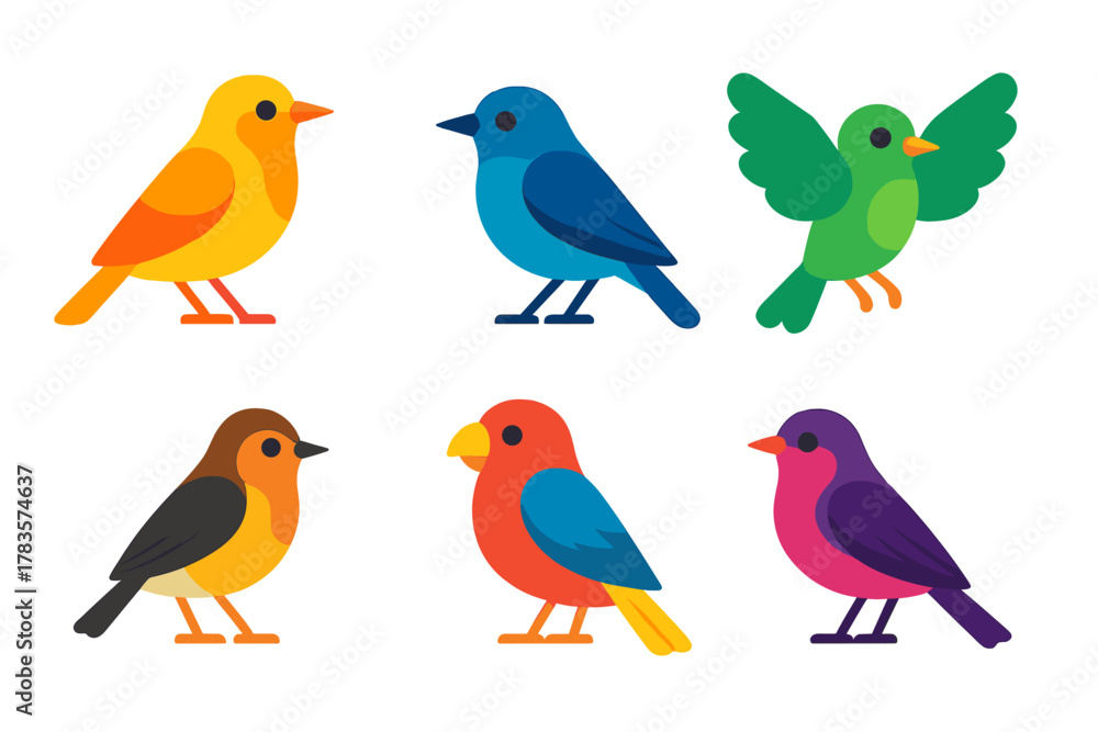 Fototapeta premium Set of six brightly colored stylized birds showcasing various species and vibrant plumage