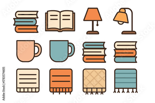 Cozy home objects collection including stacked books, open book, desk lamps, coffee mugs, and throw blankets