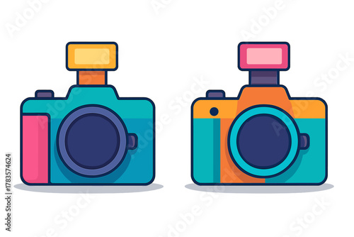 Two colorful retro style digital cameras with flash units displayed side by side