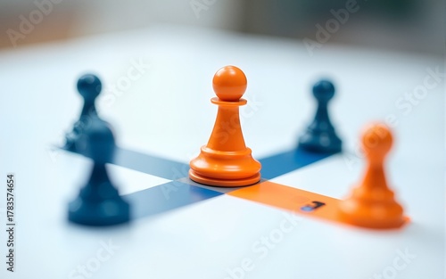 Team Collaboration Tools. Blue and orange game pieces connected on white board strategy planning concept for business, teamwork, marketing, project management, or education with blurred background an