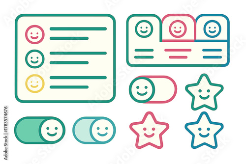 Set of modern user interface components featuring feedback icons and rating stars