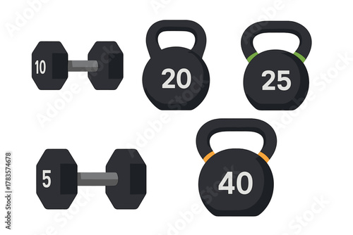 Black dumbbells and kettlebells set for weightlifting and physical fitness training