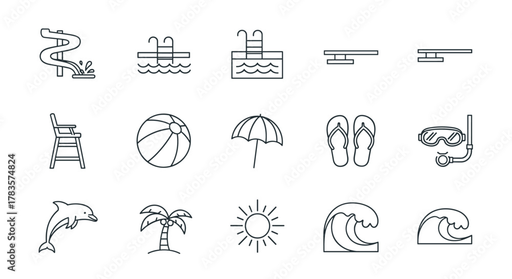 Naklejka premium Vector line icon bundle representing water park and swimming pool elements, including slides, diving boards, lifeguard chair, beach ball, umbrella, flip-flops, snorkel mask, dolphin, palm tree, sun