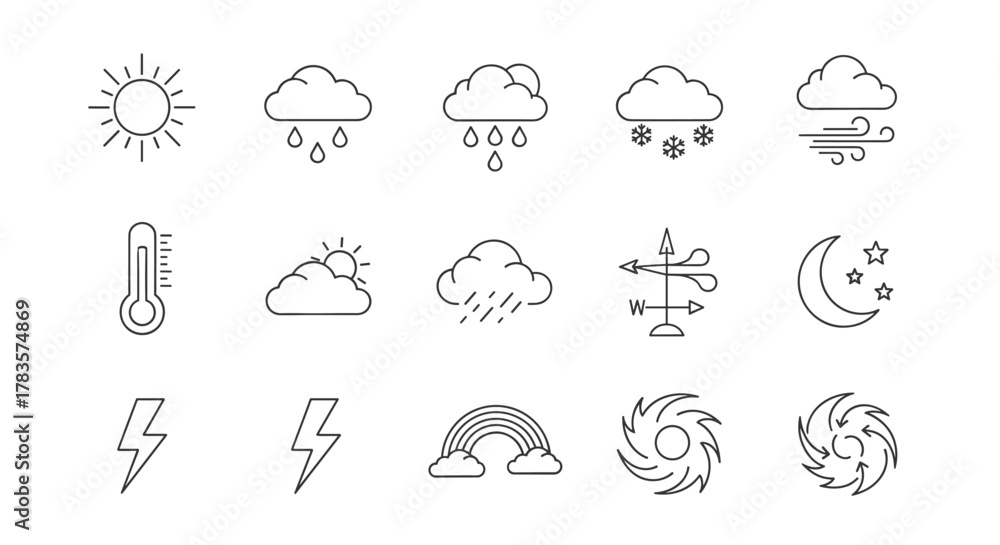 Naklejka premium Diverse Meteorology Line Icon Set: A Comprehensive Collection of Weather Symbols Including Sunny, Overcast, Rainy, Snowy, Windy, Climate, Moon, Stars, Thermometer, Lightning, Rainbow, and Hurricane