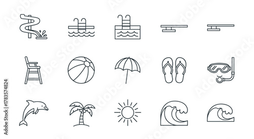 Vector line icon bundle representing water park and swimming pool elements, including slides, diving boards, lifeguard chair, beach ball, umbrella, flip-flops, snorkel mask, dolphin, palm tree, sun