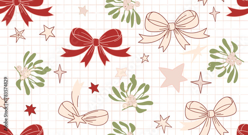 Charming seamless Christmas pattern featuring elegant bows in red and cream, delicate mistletoe sprigs, and twinkling stars scattered across a subtle grid background, evoking a cozy and festive
