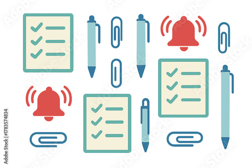 Seamless pattern of planning elements: checklist notes, pens, paperclips, and notification bells