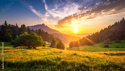 Fototapeta Naklejka Na Ścianę i Meble -  Sunny meadow landscape with hills, forests, and distant peaks, rays of sun breaking through fluffy clouds in the sky