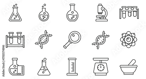 Vivid Laboratory Icon Set: Featuring Experiment, Test Tube, Microscope, Flask, Chemical, Biology, Research, Lab Equipment, DNA, Atom, Magnifying Glass, Scale, and Mortar Pestle. Solid Vector Icons