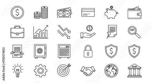 A comprehensive collection of finance and economy-related vector icons, featuring elements like money, investments, banking, and business growth, presented in a clean, modern line art style suitable