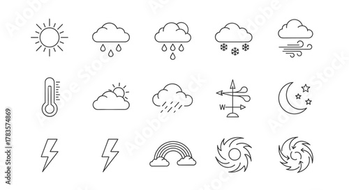 Diverse Meteorology Line Icon Set: A Comprehensive Collection of Weather Symbols Including Sunny, Overcast, Rainy, Snowy, Windy, Climate, Moon, Stars, Thermometer, Lightning, Rainbow, and Hurricane