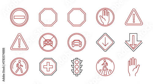 Collection of red line art traffic and road signs, including stop signs, warning signs with exclamation marks, prohibition signs for cars, pedestrian crossing signs, traffic lights, directional