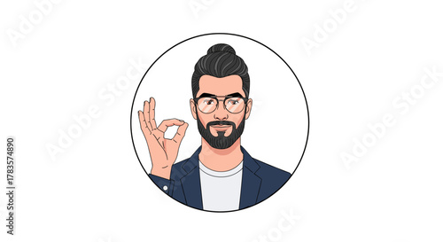 Close-up portrait of a modern bearded man with a hair bun and glasses, making the 'okay' or 'bellissimo' hand gesture, symbolizing approval, success, or perfection, presented in a circular avatar