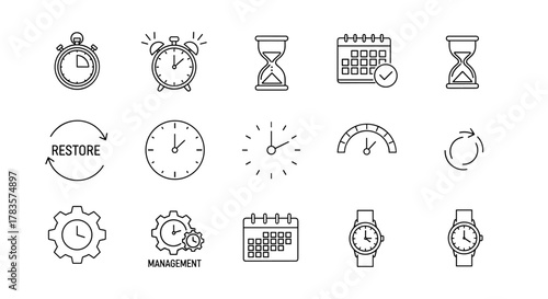 Collection of thin line icons representing time management and scheduling, including a stopwatch, alarm clock, hourglass, calendar with checkmark, circular restore symbol, speed gauge, gear with
