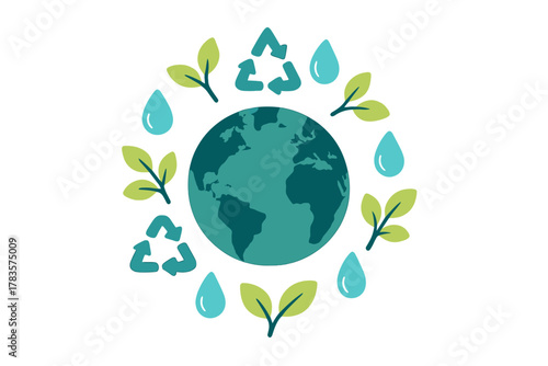 Earth globe surrounded by green leaves, water drops, and recycling symbols representing ecology and sustainability