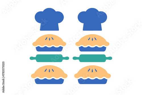 Stylized baking elements set featuring chef hats, whole pies, and wooden rolling pins