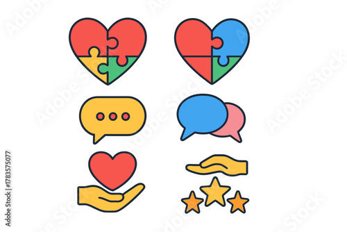 Customer feedback and relationship icons set including love, rating, and communication symbols