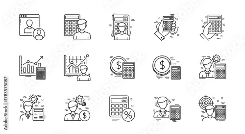 A collection of minimalistic line icons representing financial concepts, including users interacting with calculators, financial charts, coins, and target-based calculations, suitable for web