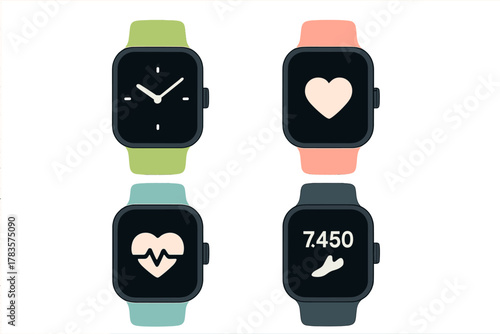 Four modern smartwatches with colorful bands displaying time, heart rate, and fitness activity tracking metrics
