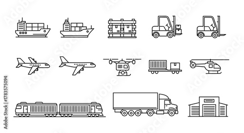 A comprehensive line icon set showcasing various commercial vehicles and logistics elements, including container ships, cargo planes, drones, helicopters, trains, forklifts, cargo trucks, and