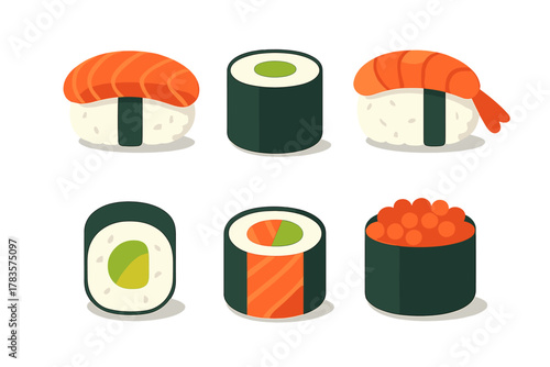 Billede på lærred Collection of traditional Japanese sushi and maki rolls featuring salmon, shrimp