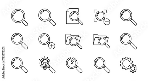 Collection of magnifying glass related line icons, outline signs for graphic and web design, apps, adverts, various cards, vector cartoon illustration. Search, zoom, find, analyze, explore, discover