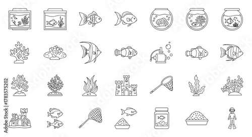 Collection of outline icons representing aquarium elements, including fish tanks, various fish species, coral reefs, aquatic plants, castle decorations, fishing nets, and a diver, perfect for graphic