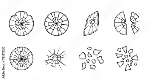 Collection of outline illustrations depicting various forms of broken glass, including shattered circular panes, fragmented shards, and cracked surfaces, presented on a clean white background for